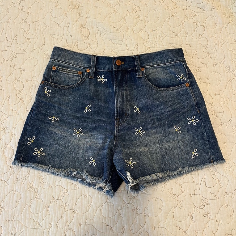 Madewell Daisy-Embroidered Hogh-Waisted Denim Shorts Jean Cutoffs Size 28